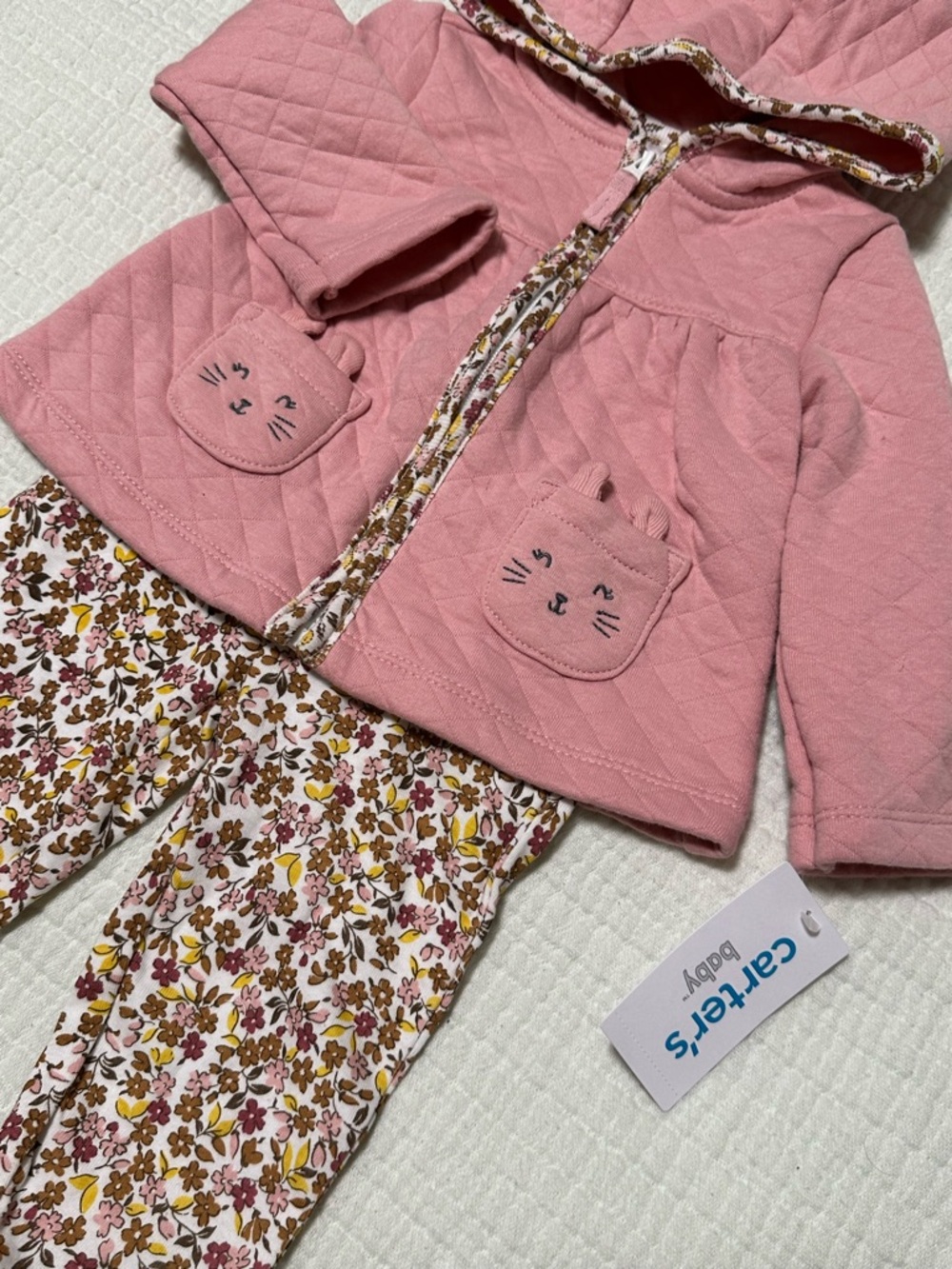 Carter's Pink Quilted Hooded Jacket with Animal Pocket Detail & Floral Leggings - Picture 3 of 4